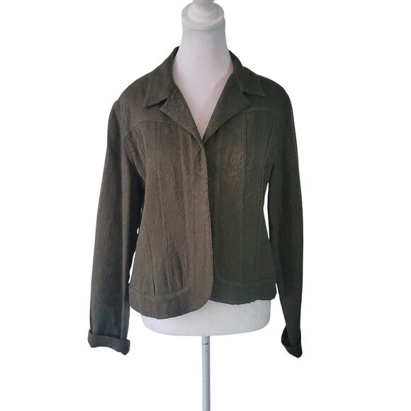 Chico's Size 1 US M Scroll Embossed Pattern Open Front Blazer Jacket Olive Green - Picture 1 of 10